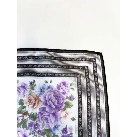 YSL Yves Saint Laurent Scarf Purple Floral w/ Black Striped Border Vintage - Picture 7 of 9